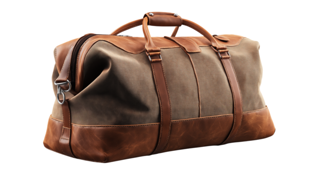 A brown leather handbag with elegant design and sturdy straps, isolated on white background or transparent png for stylish product display.