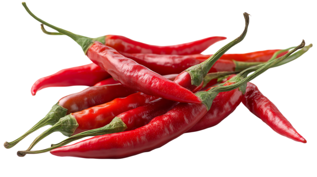 Fresh red chili peppers isolated on a white or transparent PNG background, highlighting their vibrant color, glossy texture, and spicy appeal.