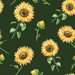 Watercolor seamless pattern yellow sunflowers in warm autumn tones. Botanical hand drawn illustration isolated on background. Ideal for seasonal, halloween, forest, or nature-themed designs. Rustic