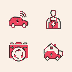 Set Charging car at home, Smart system, Car mechanic and Battery with recycle symbol icon. Vector