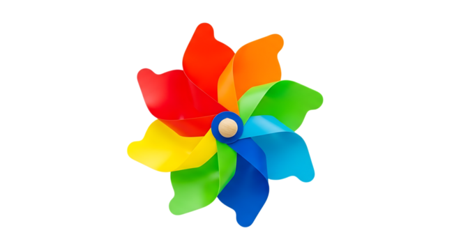 Colorful pinwheel toy with red orange yellow green blue and purple petals, isolated on a white or transparent background, cutout, PNG