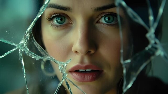 A shocked woman looks directly through broken, shattered glass, symbolizing emotional distress, trauma, inner conflict, fragility, or broken identity. Cinematic and dramatic close-up.