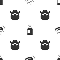 Set Shaving foam on hand, Bottle of shampoo and Mustache beard on seamless pattern. Vector