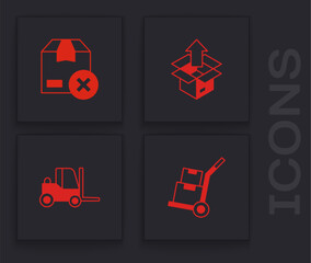 Set Hand truck and boxes, Carton cardboard, Unboxing and Forklift icon. Vector