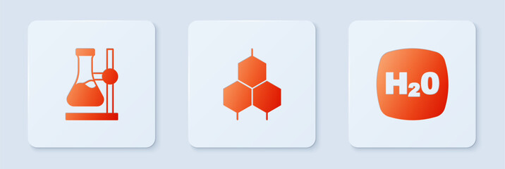 Set Chemical formula, Test tube flask on stand and H2O. White square button. Vector