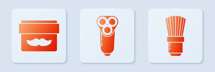 Set Electric razor blade for men, Cream or lotion cosmetic jar and Shaving brush. White square button. Vector