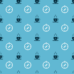 Set Coffee cup and Compass on seamless pattern. Vector
