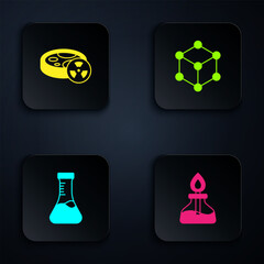 Set Alcohol or spirit burner, Test tube with toxic liquid, and Molecule. Black square button. Vector