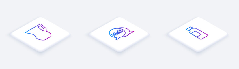 Set Isometric line Jug glass with water, Chemical formula for H2O and Bottle of. White square button. Vector