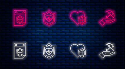 Set line Life insurance with shield, , Calendar and Umbrella hand. Glowing neon icon on brick wall. Vector