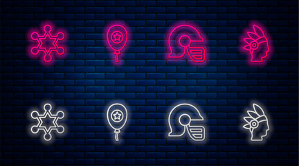 Set line Balloons, American football helmet, Hexagram sheriff and Native Indian. Glowing neon icon on brick wall. Vector