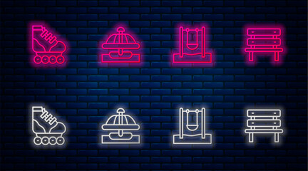 Set line Attraction carousel, Swing, Roller skate and Bench. Glowing neon icon on brick wall. Vector