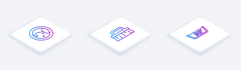 Set Isometric line Washer, Brush for cleaning and Temperature wash. White square button. Vector