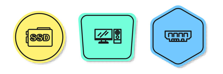 Set line SSD card, Computer monitor and RAM, random access memory. Colored shapes. Vector