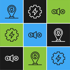 Set line Charging parking electric car, Electric motor and Gear and lightning icon. Vector