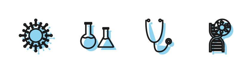 Set line Stethoscope, Virus, Test tube and flask and DNA symbol virus icon. Vector