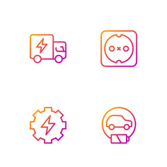 Set line Electric car, Gear and lightning, truck and Electrical outlet. Gradient color icons. Vector