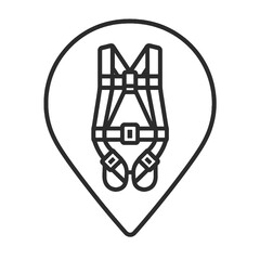 Minimalist protective harness icon in a square location marker, black outline vector for construction safety, risk prevention, and industrial workwear.