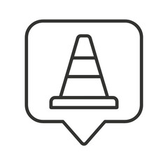 Thin line safety cone icon inside square map pin, black vector symbol representing construction area, labor protection, and hazard prevention.