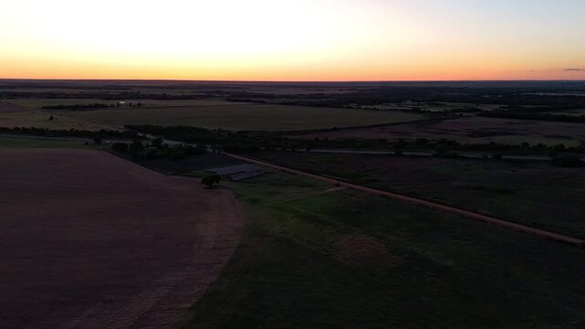 Aerial landscape of desert sunset land in rural historic US route 66 Hext Texas Menard County TX