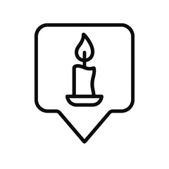 Minimalist candle with flame inside square location marker, black outline vector representing spirituality, hope, and Christian devotion.