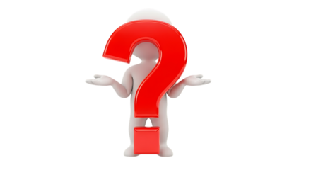 3 D white figure with large red question mark obscuring face and hands outstretched, isolated on a white or transparent background, cutout, PNG