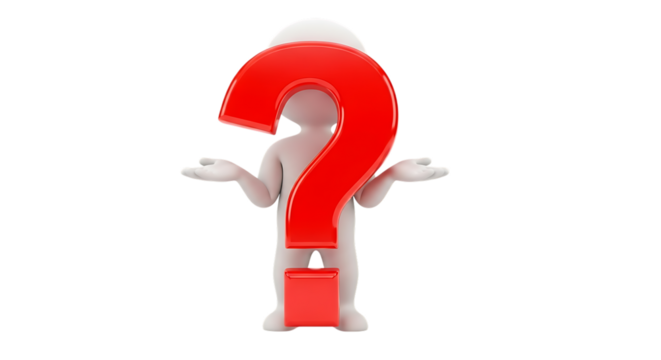 3 D white figure with large red question mark obscuring face and hands outstretched, isolated on a white or transparent background, cutout, PNG - Powered by Adobe