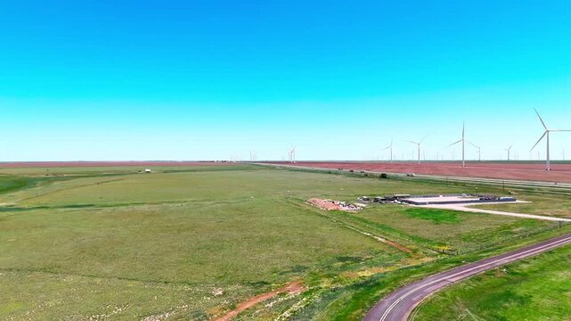 Aerial landscape of desert windmills in rural historic US route 66 Vega Texas Oldham County TX