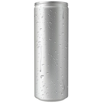 Aluminum drink can, vector realistic tall wet metallic tin can drink beer, soda, water, juice package with water drops