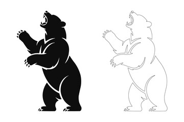 Silhouette and outline of a standing bear with mouth open