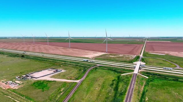 Aerial landscape of desert windmills in rural historic US route 66 Vega Texas Oldham County TX