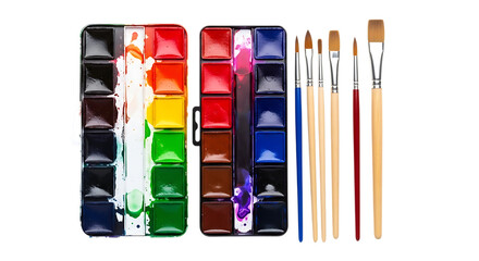 Watercolor paint set with various colored pans and assorted paintbrushes, isolated on a white or transparent background, cutout, PNG