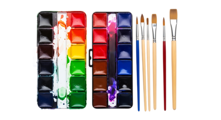 Watercolor paint set with various colored pans and assorted paintbrushes, isolated on a white or transparent background, cutout, PNG