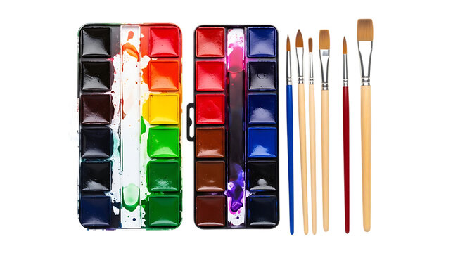 Watercolor paint set with various colored pans and assorted paintbrushes, isolated on a white or transparent background, cutout, PNG