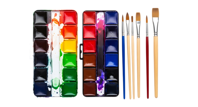 Watercolor paint set with various colored pans and assorted paintbrushes, isolated on a white or transparent background, cutout, PNG