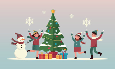 People celebrating near Christmas tree &ndash; flat vector