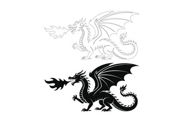 Black silhouette dragon breathing fire above sketch