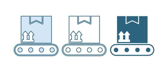 Blue Conveyor belt with cardboard box icon isolated on white background. Vector