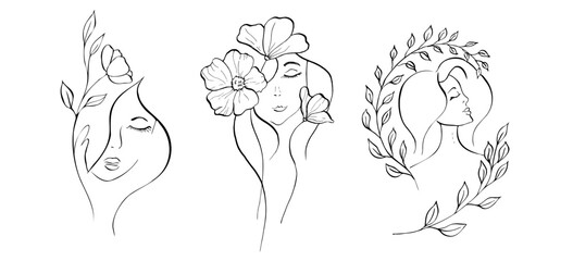 Vector Elegant female faces with delicate peony, tulip, begonia, aster, eustoma, rosehip. Hand painted linear contour flower. Graphic clipart isolated. Botanical, tattoo and wedding illustration. For