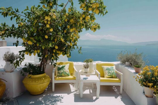Bright lemon tree and cozy yellow seating create a charming outdoor space overlooking the sea in a sunny coastal location