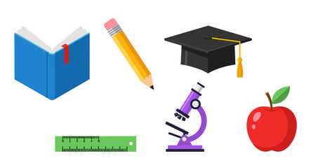 Illustration of school supplies including book, pencil, and apple
