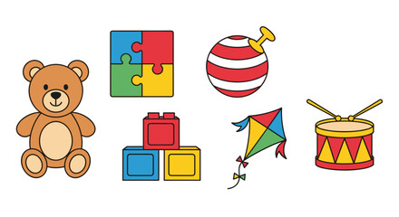 Illustration of a teddy bear and several different colorful toys