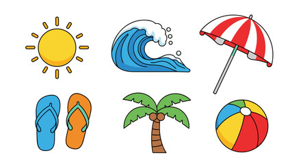 Illustration of beach themed objects including sun wave and palm