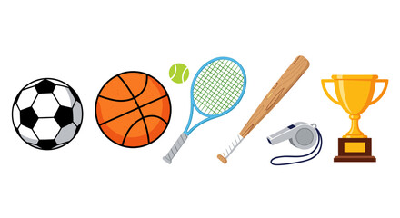 Illustration of various sports equipment and a golden trophy cup