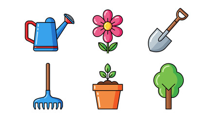 Illustration of gardening tools and plants on a white background