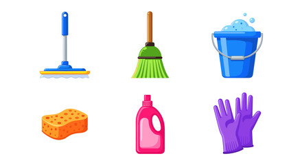 Illustration of cleaning supplies including mop, broom, and bucket