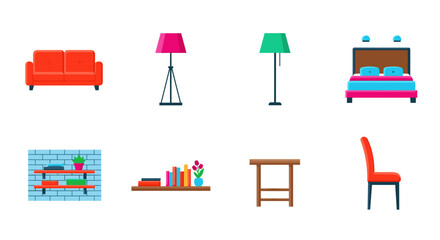 Illustration of furniture including sofa bed lamps and shelving unit