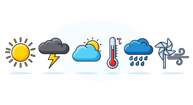 Illustration of various weather elements including sun and clouds
