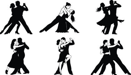 Dancing couple silhouettes, partner dance icons, tango, ballroom, Latin pose, black vector, editable, isolated, performance, elegance, motion