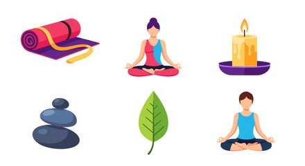 Illustration of yoga mat, meditating figures, candle, leaf, stones